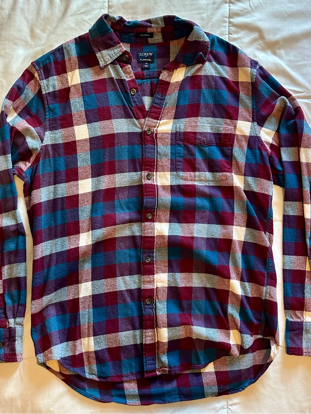 J. Crew Plaid Flannel Button-Down Shirt - Burgundy, Teal & Cream